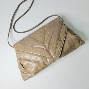 DiVina Quilted Tan Snakeskin Leather Vintage Clutch Crossbody Shoulder Bag